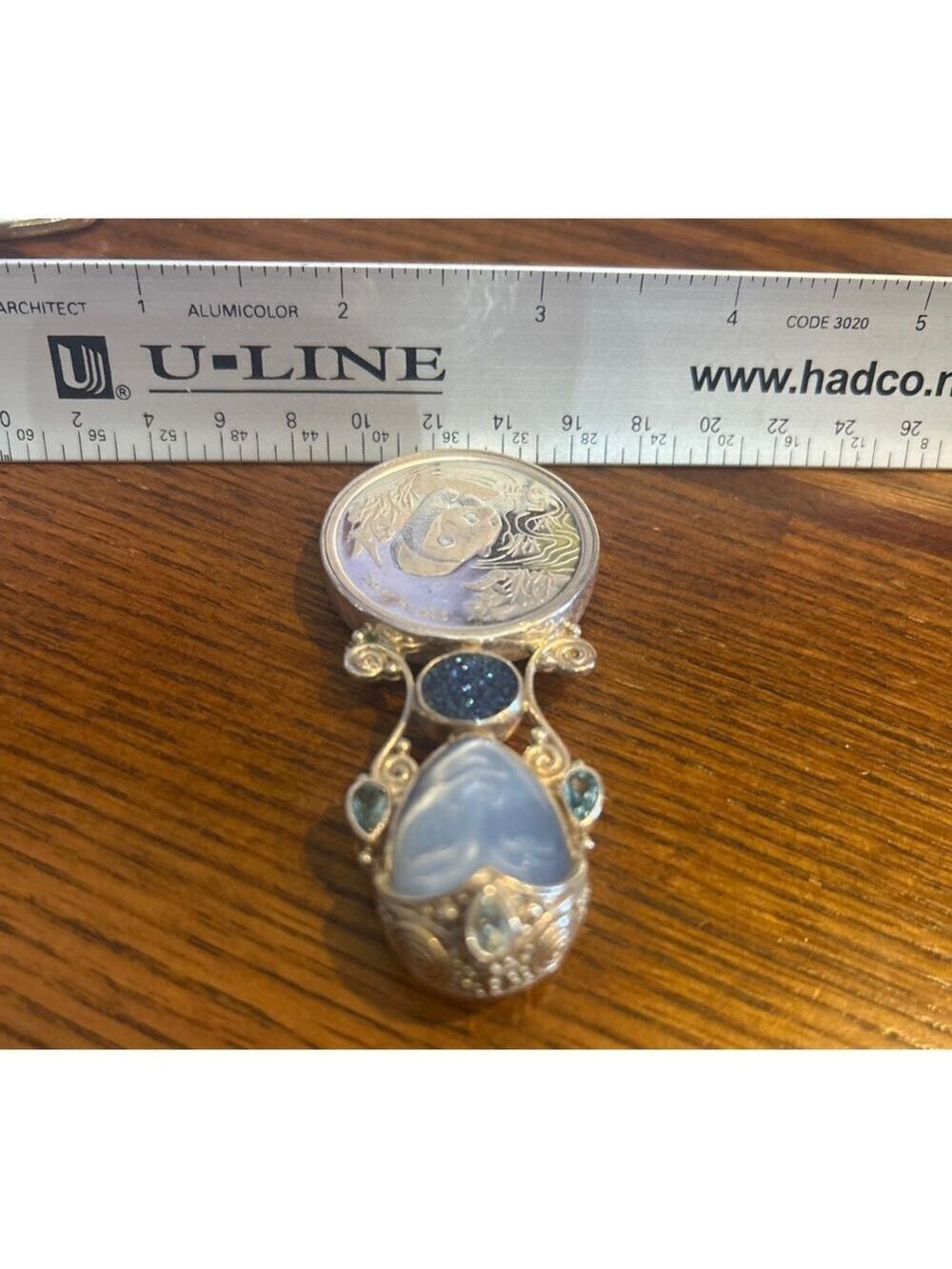 Women's Sajen Silver & Blue Carved Stone Panda Coin Brooch Pendant One Size - Picture 5 of 5